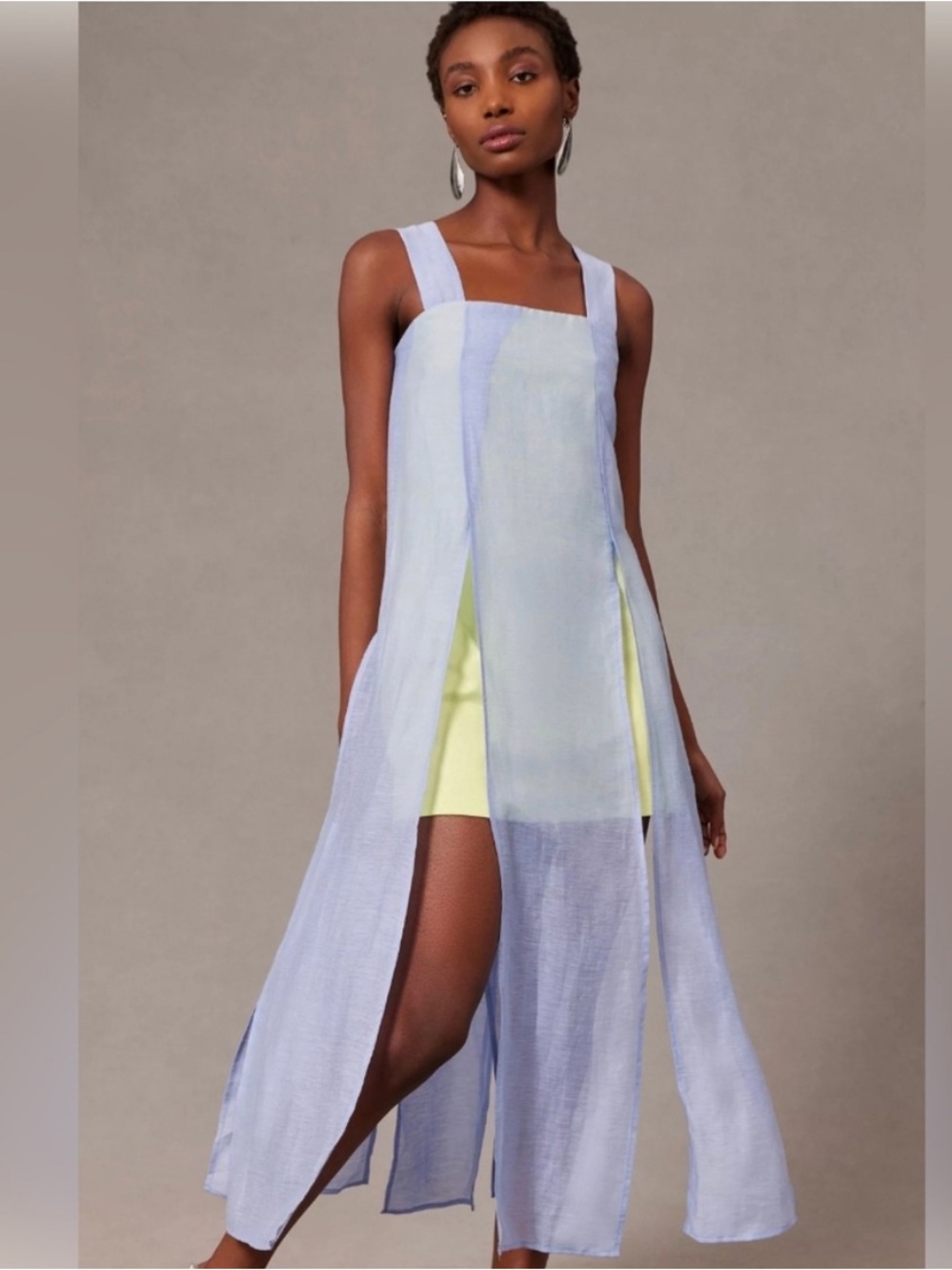 Anthropologie Pale Blue Layered Maxi Dress with Yellow Slip